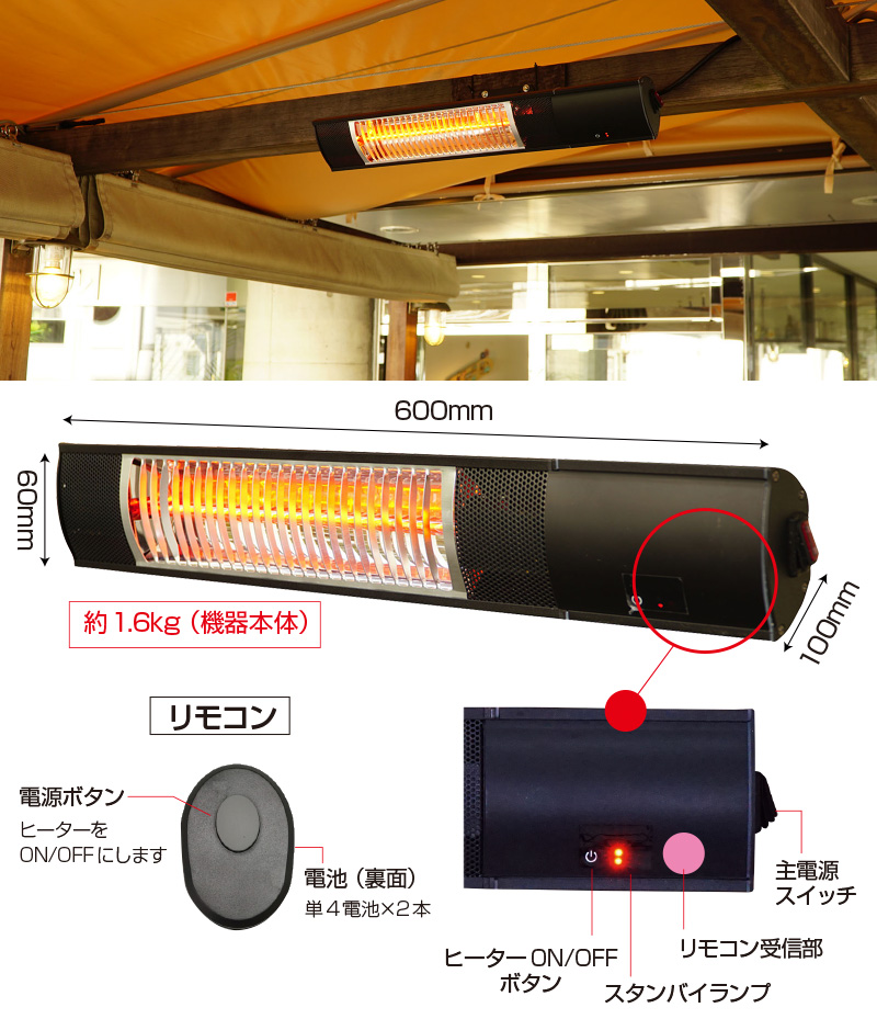 屋外用防水電気暖房機 ピクシーヒーター壁・天井取付タイプ