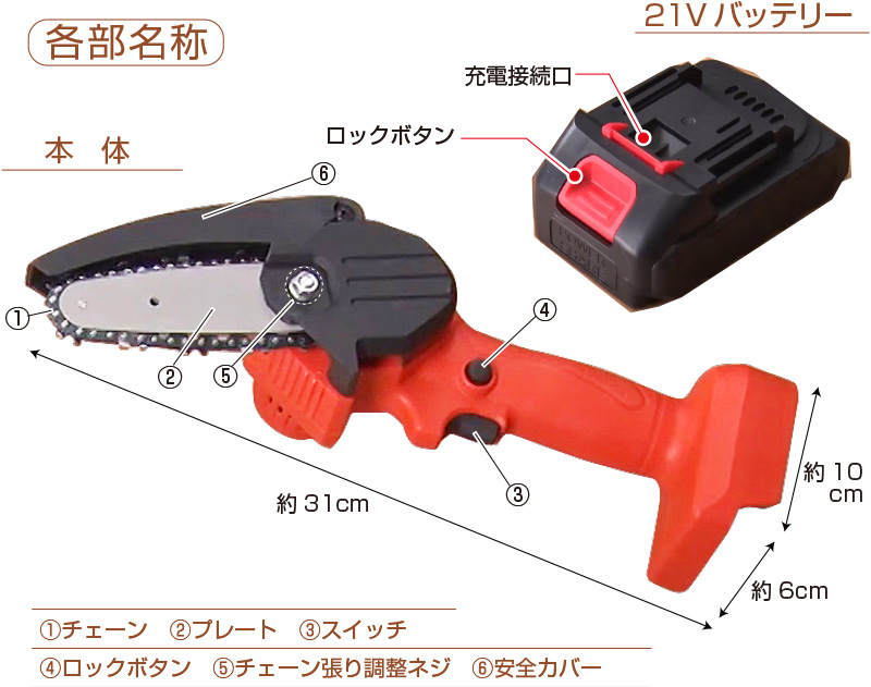 充電式LEDライト付き6点セットハンディーチェーンソー