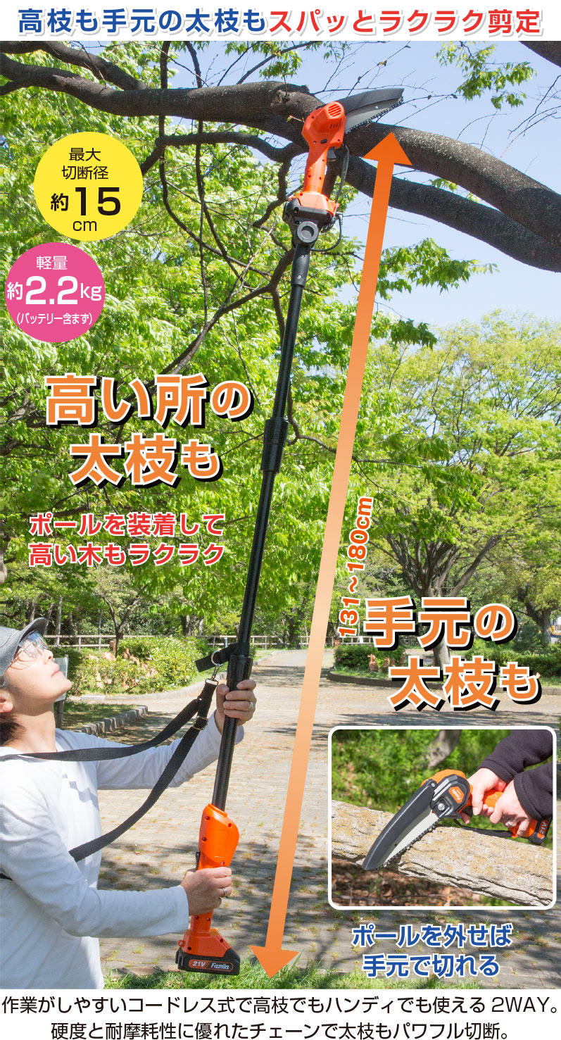 充電式コードレス2WAY高枝チェーンソー（8点セット）