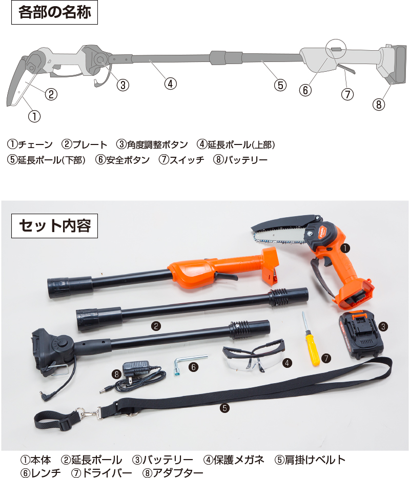 充電式コードレス2WAY高枝チェーンソー（8点セット）
